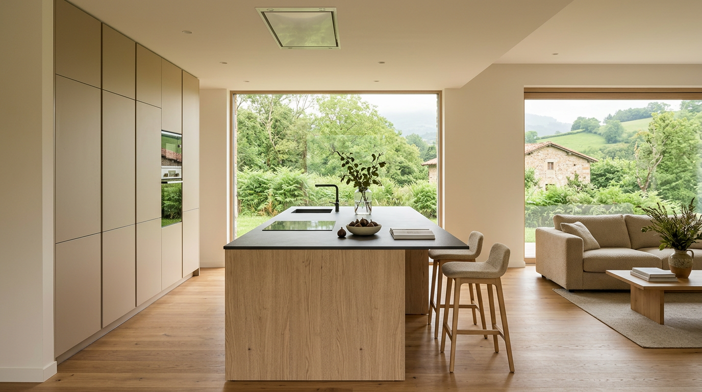 Cocina integrada moderna con isla de madera y encimera porcelánica oscura
