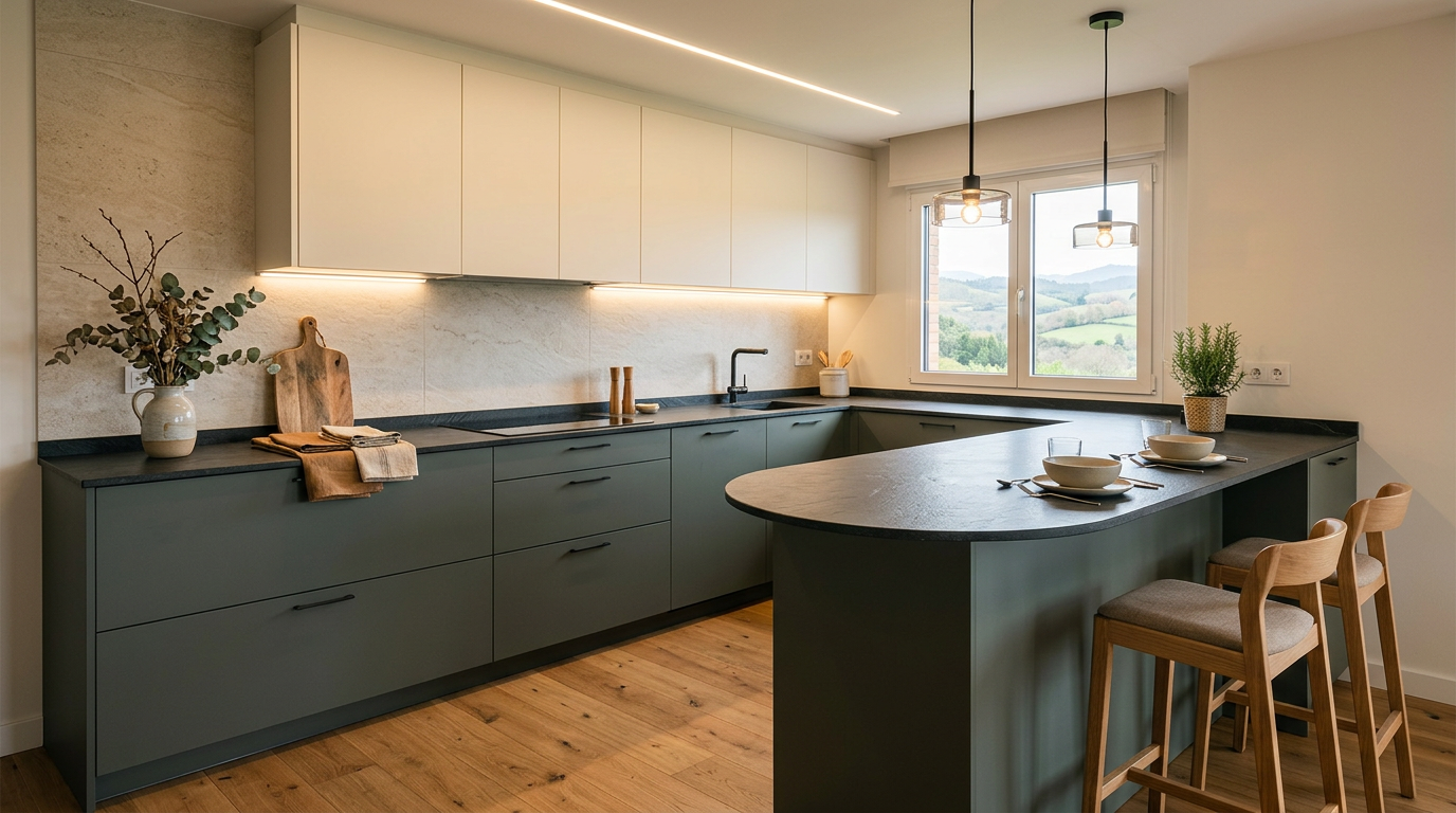Cocina contemporánea con península curva en tonos verde y crema y encimera porcelánica