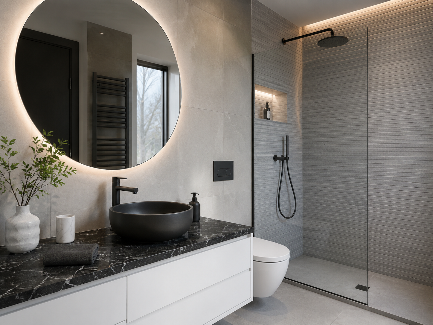 Baño reformado en Cantabria con ducha, revestimiento porcelánico y mueble suspendido