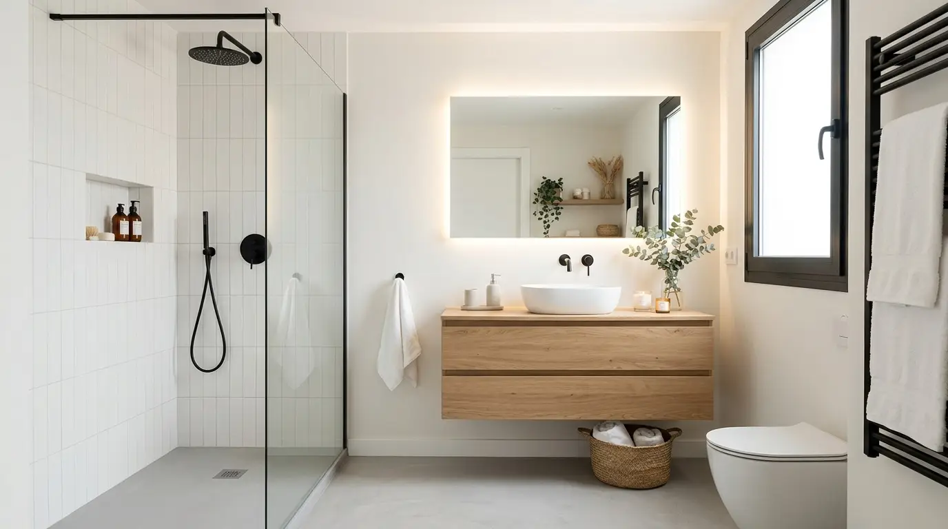 Baño moderno con ducha de obra, mueble de madera suspendido y espejo LED